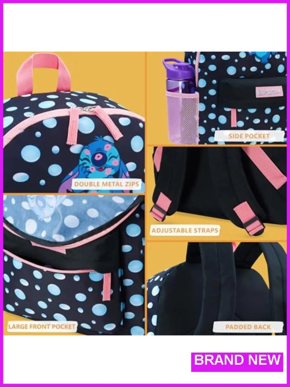 Kids Stitch Backpack for School with Padded Straps and Front Pocket
